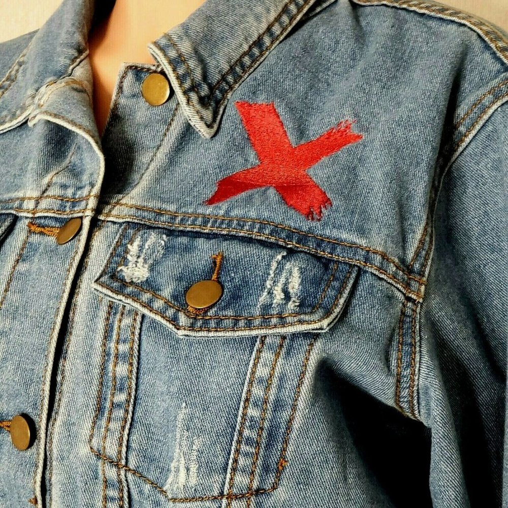 SSY Jeans Medium? Denim Distressed Jean Jacket Embroidered Red Flame X Punk - Picture 2 of 8